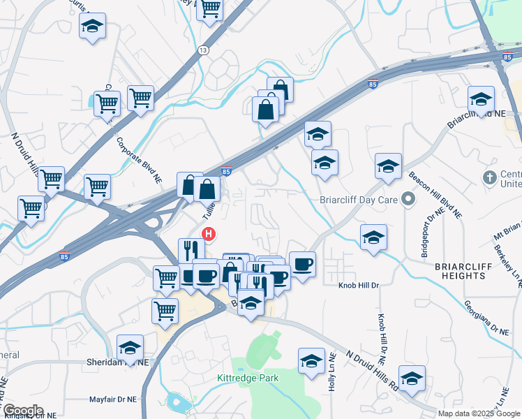 map of restaurants, bars, coffee shops, grocery stores, and more near 1719 Woodcliff Court Northeast in Atlanta