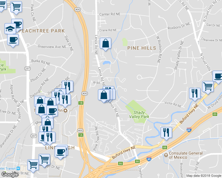 map of restaurants, bars, coffee shops, grocery stores, and more near 8 Vale Close Northeast in Atlanta