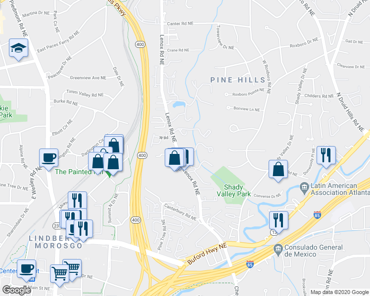 map of restaurants, bars, coffee shops, grocery stores, and more near 8 Vale Close Northeast in Atlanta