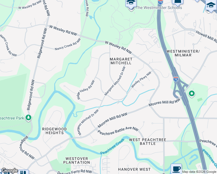 map of restaurants, bars, coffee shops, grocery stores, and more near 1557 Wesley Parkway Northwest in Atlanta