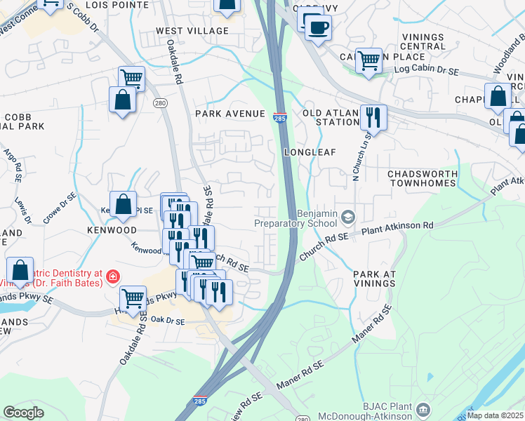 map of restaurants, bars, coffee shops, grocery stores, and more near 4965 Whiteoak Walk Southeast in Smyrna