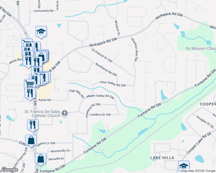 map of restaurants, bars, coffee shops, grocery stores, and more near 391 Pine Valley Road Southwest in Mableton