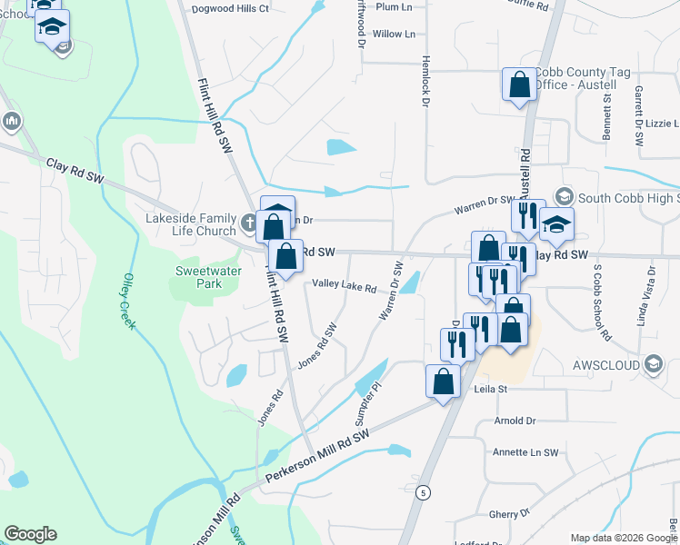 map of restaurants, bars, coffee shops, grocery stores, and more near 4983 Jones Road Southwest in Austell