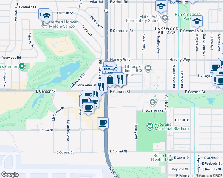 map of restaurants, bars, coffee shops, grocery stores, and more near 4323 East Carson Street in Long Beach