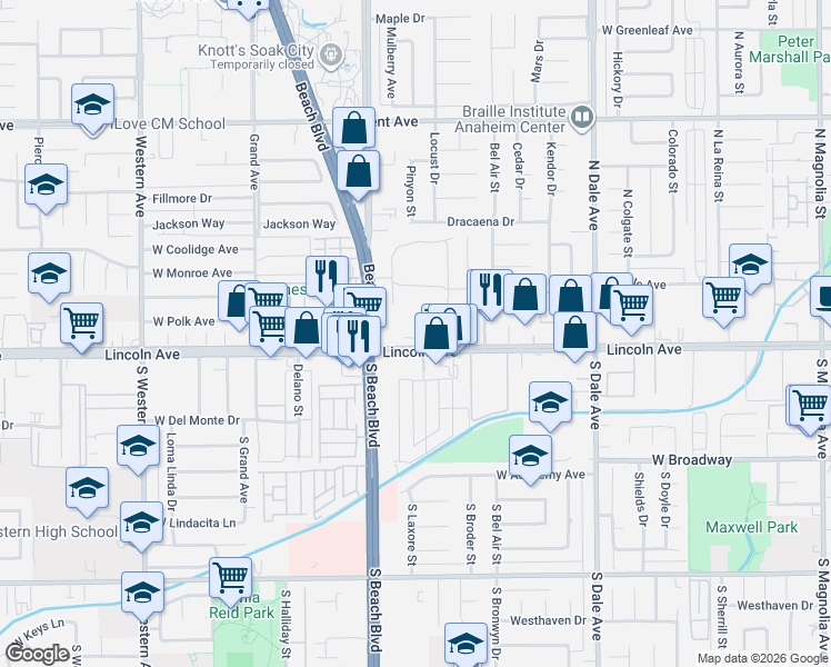 map of restaurants, bars, coffee shops, grocery stores, and more near 2953 West Lincoln Avenue in Anaheim