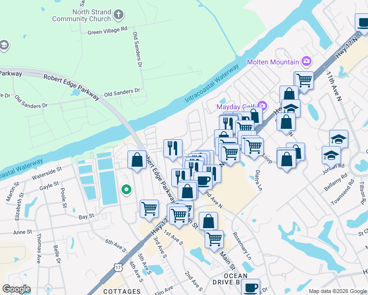 map of restaurants, bars, coffee shops, grocery stores, and more near 301 Lorenzo Drive in North Myrtle Beach