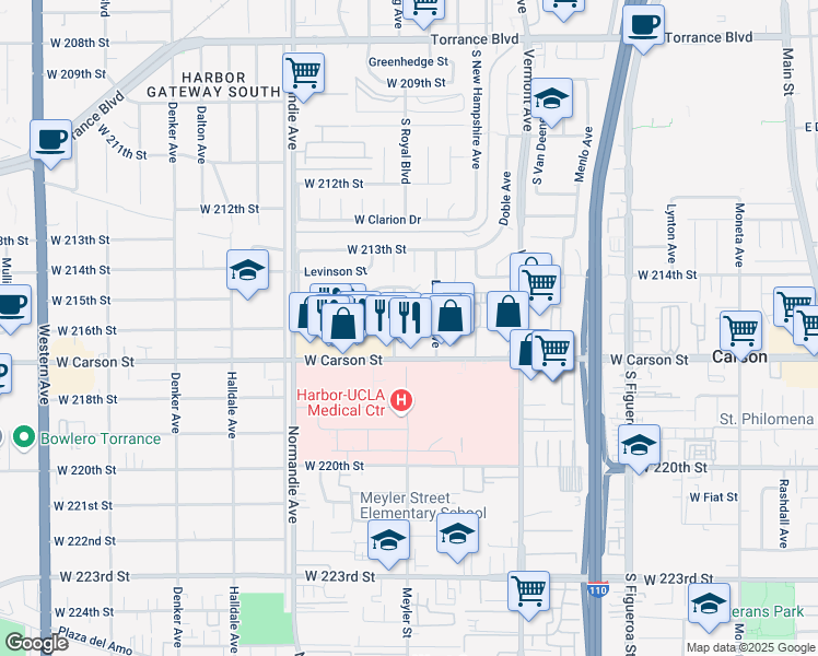 map of restaurants, bars, coffee shops, grocery stores, and more near 21531 Meyler Street in Torrance