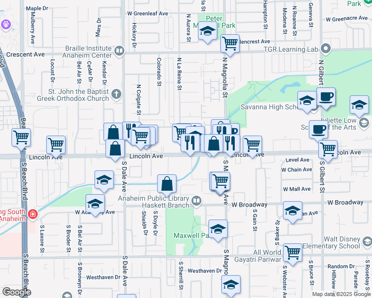 map of restaurants, bars, coffee shops, grocery stores, and more near 2673 West Lincoln Avenue in Anaheim