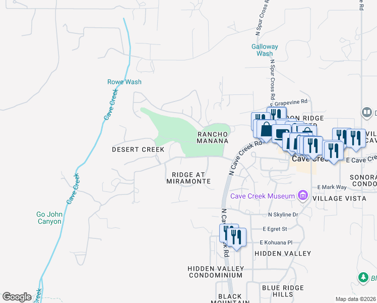 map of restaurants, bars, coffee shops, grocery stores, and more near 5734 East Rancho Manana Road in Cave Creek