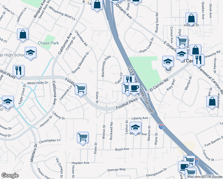 map of restaurants, bars, coffee shops, grocery stores, and more near 1801 Marquez Way in Corona