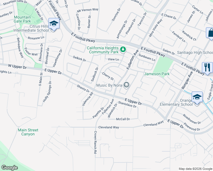 map of restaurants, bars, coffee shops, grocery stores, and more near 716 Black Oak Circle in Corona
