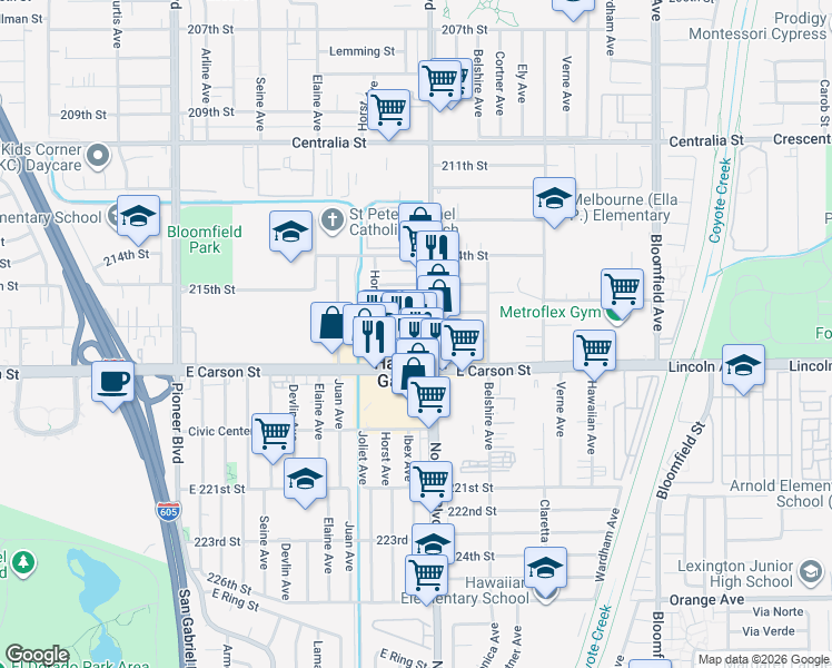 map of restaurants, bars, coffee shops, grocery stores, and more near 12147 Tilbury Street in Hawaiian Gardens