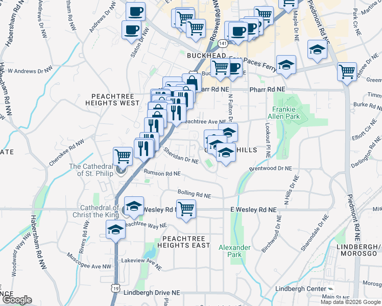 map of restaurants, bars, coffee shops, grocery stores, and more near 124 Sheridan Drive Northeast in Atlanta