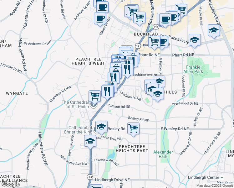 map of restaurants, bars, coffee shops, grocery stores, and more near 2855 Peachtree Road in Atlanta