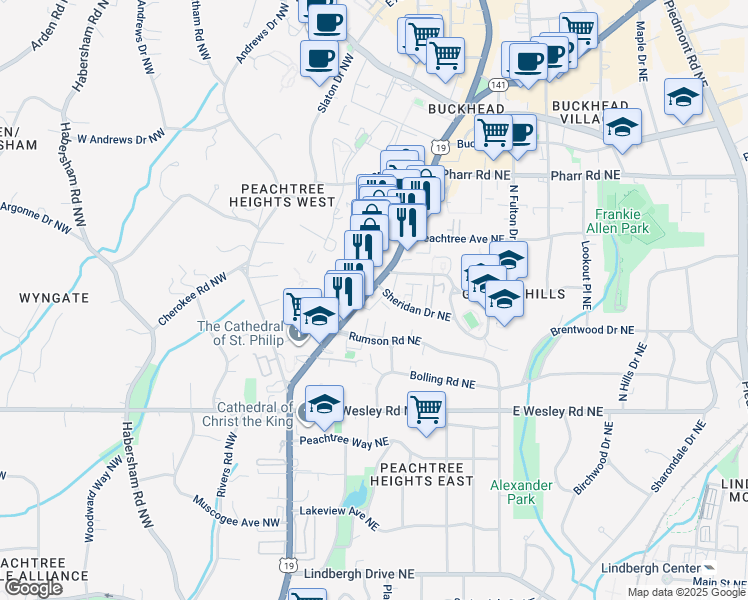 map of restaurants, bars, coffee shops, grocery stores, and more near 2855 Peachtree Road in Atlanta