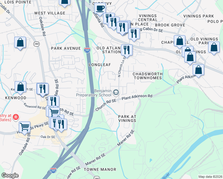 map of restaurants, bars, coffee shops, grocery stores, and more near 5108 Kempsford Court in Smyrna