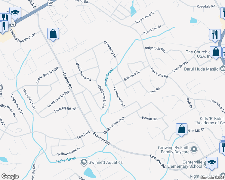 map of restaurants, bars, coffee shops, grocery stores, and more near 2601 Eastmont Trail in Snellville
