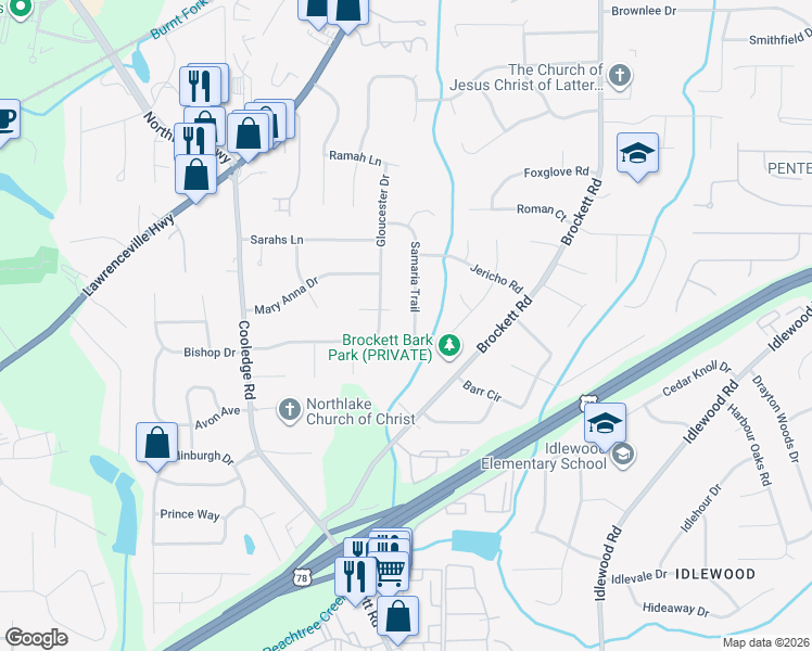 map of restaurants, bars, coffee shops, grocery stores, and more near 1724 Samaria Trail in Tucker