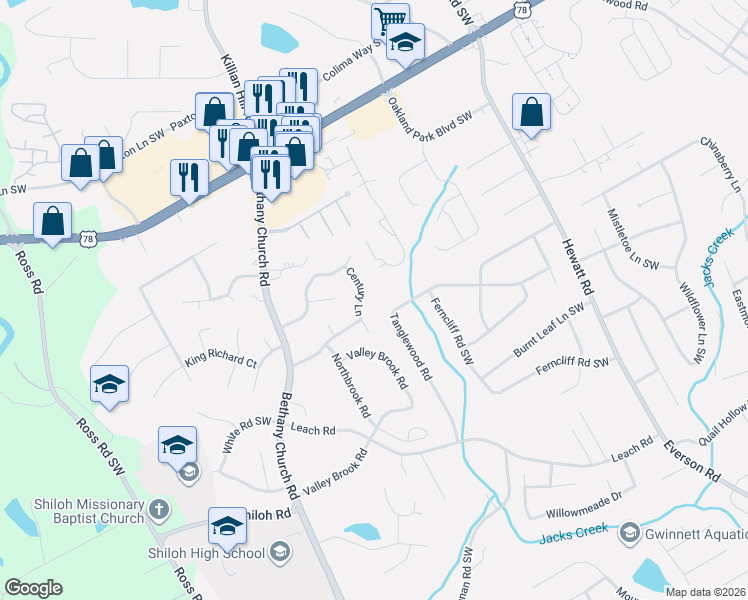 map of restaurants, bars, coffee shops, grocery stores, and more near 2370 Century Lane in Snellville