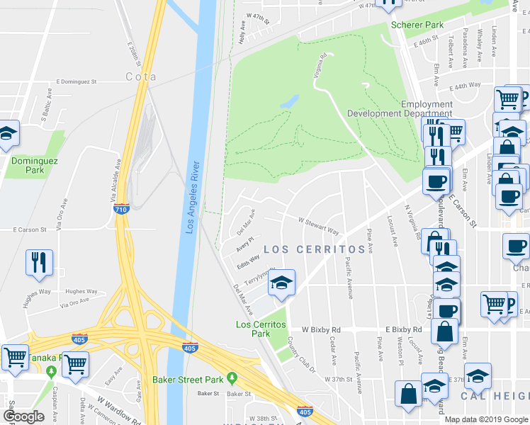 map of restaurants, bars, coffee shops, grocery stores, and more near 551 West Mesa Way in Long Beach