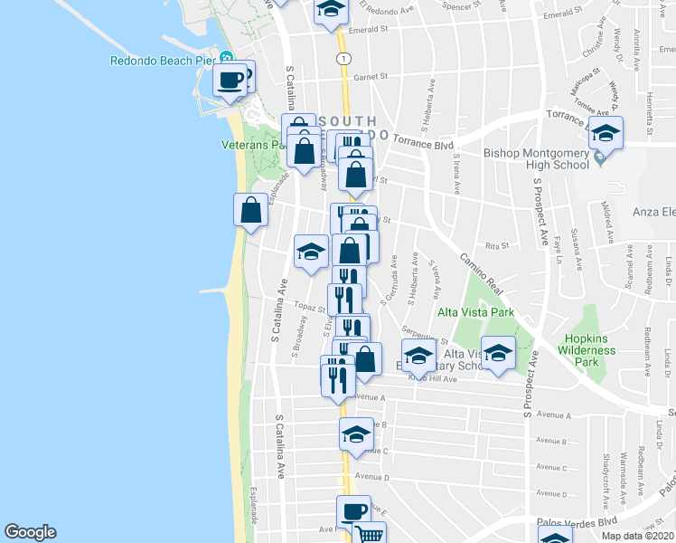 map of restaurants, bars, coffee shops, grocery stores, and more near 602 South Elvira Avenue in Redondo Beach