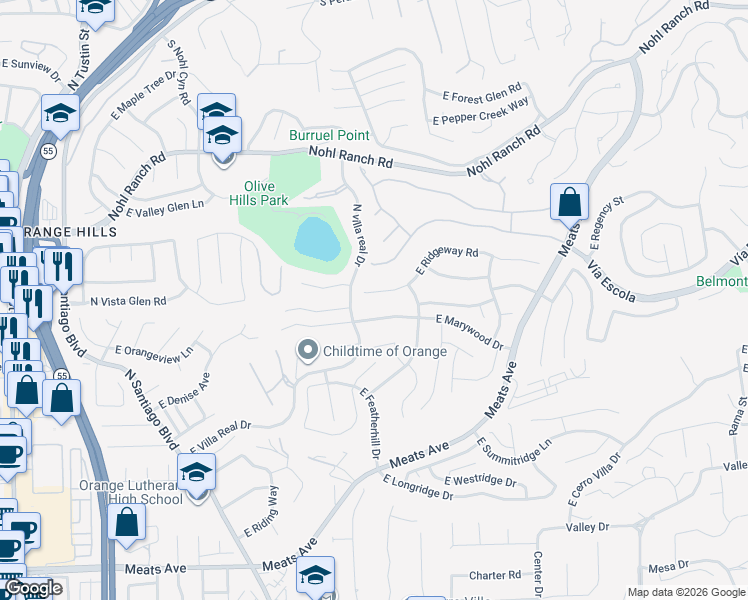 map of restaurants, bars, coffee shops, grocery stores, and more near 3126 East Ridgeway Road in Orange