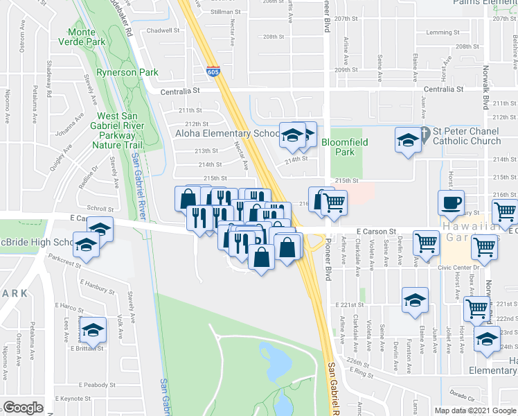 map of restaurants, bars, coffee shops, grocery stores, and more near 11604 216th Street in Lakewood