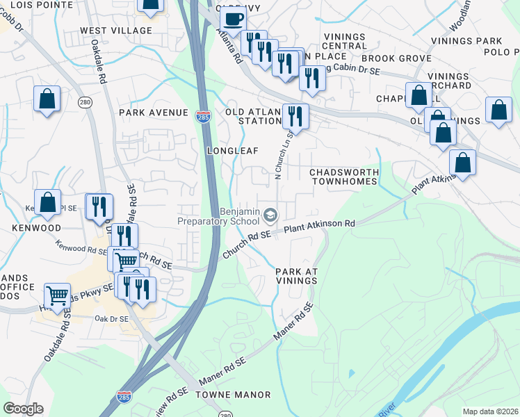map of restaurants, bars, coffee shops, grocery stores, and more near 5045 Ridgemont Walk in Smyrna
