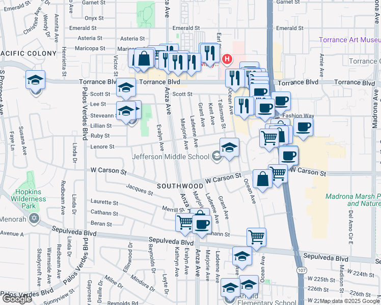 map of restaurants, bars, coffee shops, grocery stores, and more near 21606 Marjorie Avenue in Torrance