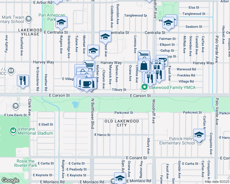 map of restaurants, bars, coffee shops, grocery stores, and more near 5618 Tilbury Street in Lakewood