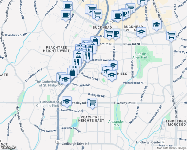 map of restaurants, bars, coffee shops, grocery stores, and more near 78 Sheridan Drive Northeast in Atlanta