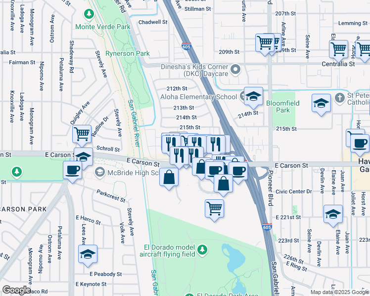 map of restaurants, bars, coffee shops, grocery stores, and more near 11436 216th Street in Lakewood