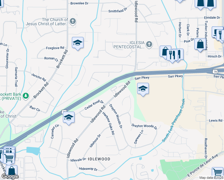 map of restaurants, bars, coffee shops, grocery stores, and more near 1712 Wiscasset Place in Tucker