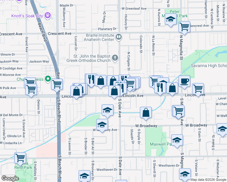 map of restaurants, bars, coffee shops, grocery stores, and more near 2829 West Lincoln Avenue in Anaheim