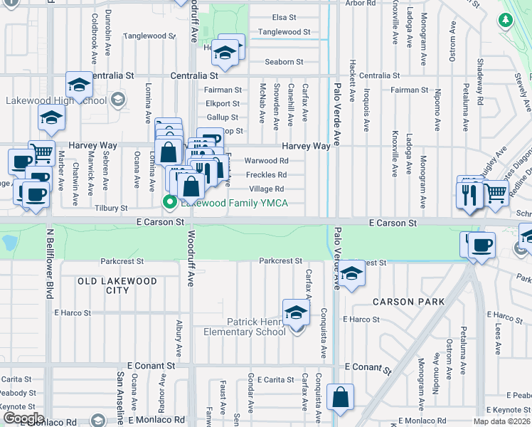 map of restaurants, bars, coffee shops, grocery stores, and more near 6123 East Carson Street in Lakewood