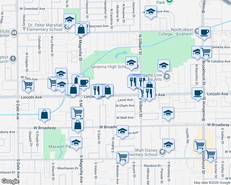 map of restaurants, bars, coffee shops, grocery stores, and more near 2477 West Lincoln Avenue in Anaheim