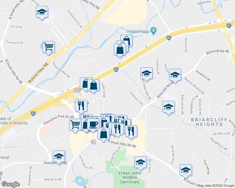 map of restaurants, bars, coffee shops, grocery stores, and more near 1719 Woodcliff Court Northeast in Atlanta