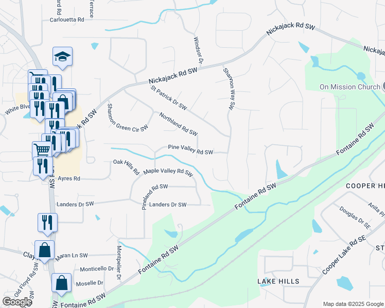 map of restaurants, bars, coffee shops, grocery stores, and more near 341 Pine Valley Road Southwest in Mableton