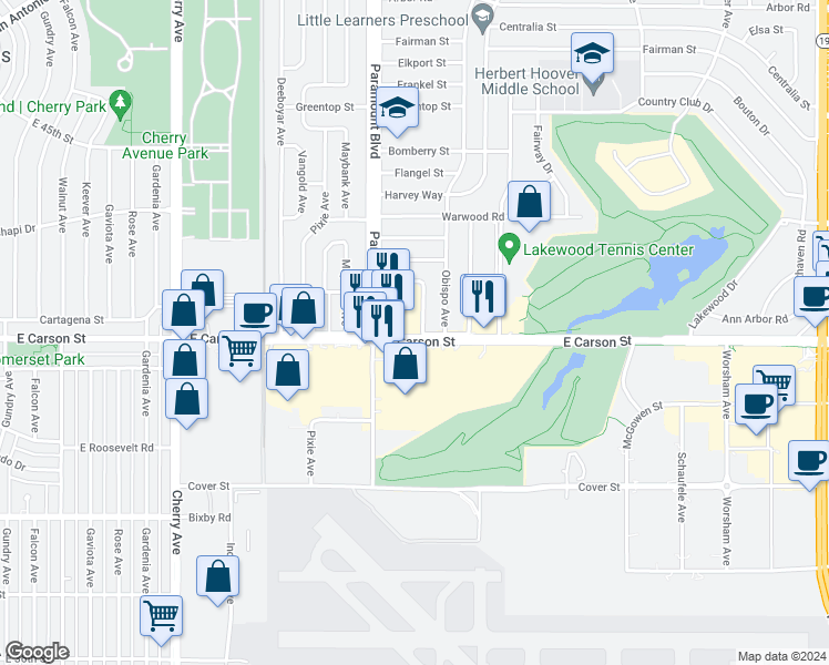 map of restaurants, bars, coffee shops, grocery stores, and more near 4101 Brock Avenue in Lakewood