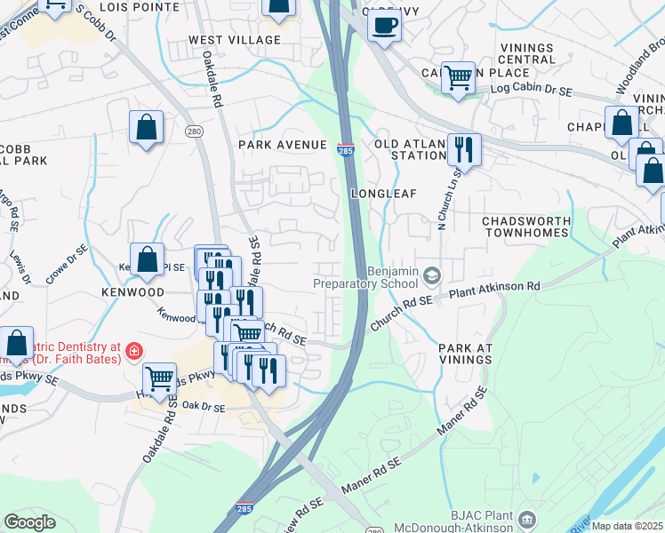 map of restaurants, bars, coffee shops, grocery stores, and more near 4969 Whiteoak Street in Smyrna