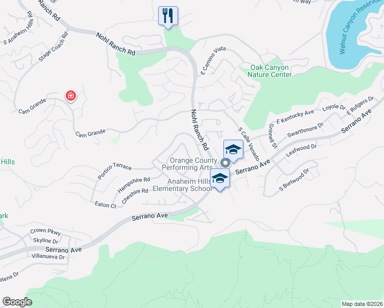 map of restaurants, bars, coffee shops, grocery stores, and more near 2589 North Promontory Way in Orange