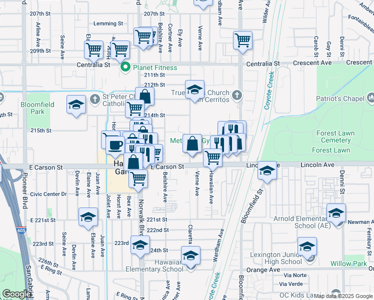 map of restaurants, bars, coffee shops, grocery stores, and more near 21535 Claretta Avenue in Lakewood