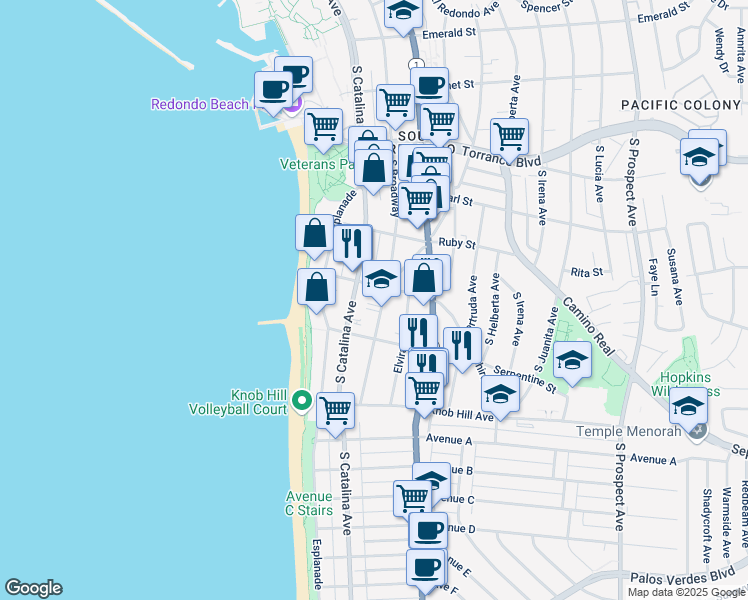 map of restaurants, bars, coffee shops, grocery stores, and more near in Redondo Beach