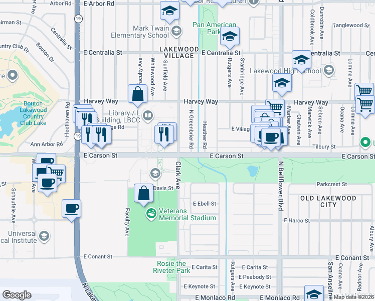 map of restaurants, bars, coffee shops, grocery stores, and more near Carson Street in Lakewood