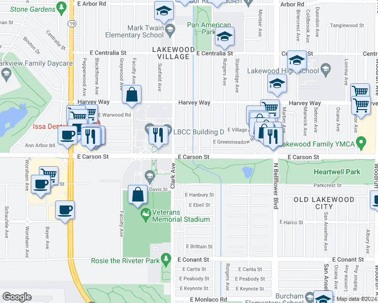 map of restaurants, bars, coffee shops, grocery stores, and more near 5133 East Carson Street in Long Beach