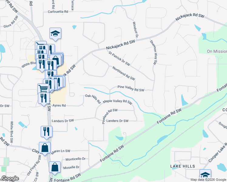 map of restaurants, bars, coffee shops, grocery stores, and more near 435 Pine Valley Road Southwest in Mableton