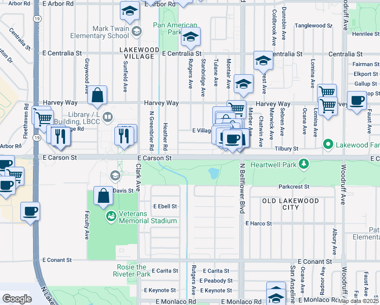 map of restaurants, bars, coffee shops, grocery stores, and more near 5257 East Carson Street in Long Beach
