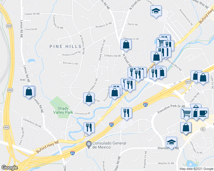 map of restaurants, bars, coffee shops, grocery stores, and more near 1732 Dunwoody Pl NE in Atlanta