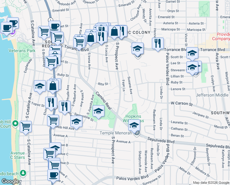 map of restaurants, bars, coffee shops, grocery stores, and more near 603 South Prospect Avenue in Redondo Beach