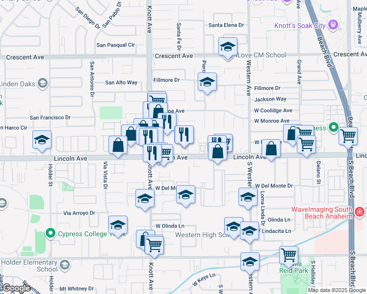 map of restaurants, bars, coffee shops, grocery stores, and more near 7151 Lincoln Avenue in Buena Park